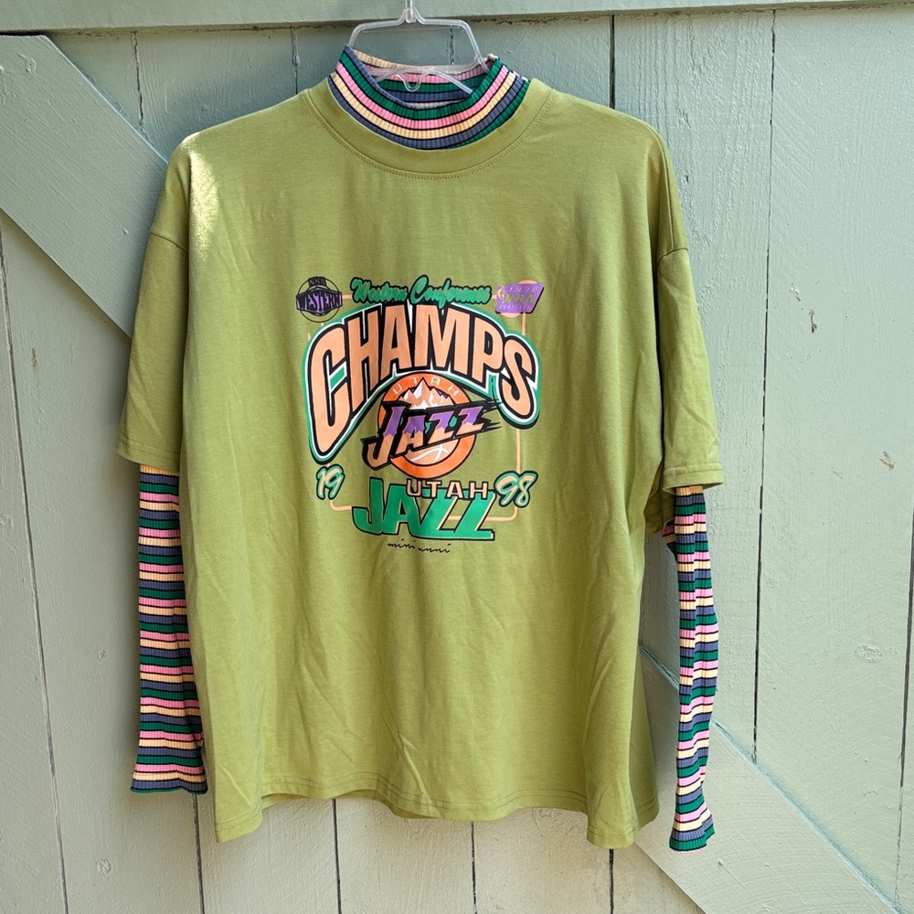 Vintage Utah Jazz CHAMPS 1998- Olive Green with Striped Mock Layer